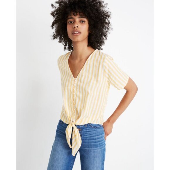 Madewell Agency Tie-Front Button Top Pompano Stripe Bayside Warm Honeysuckle SM - Picture 1 of 12